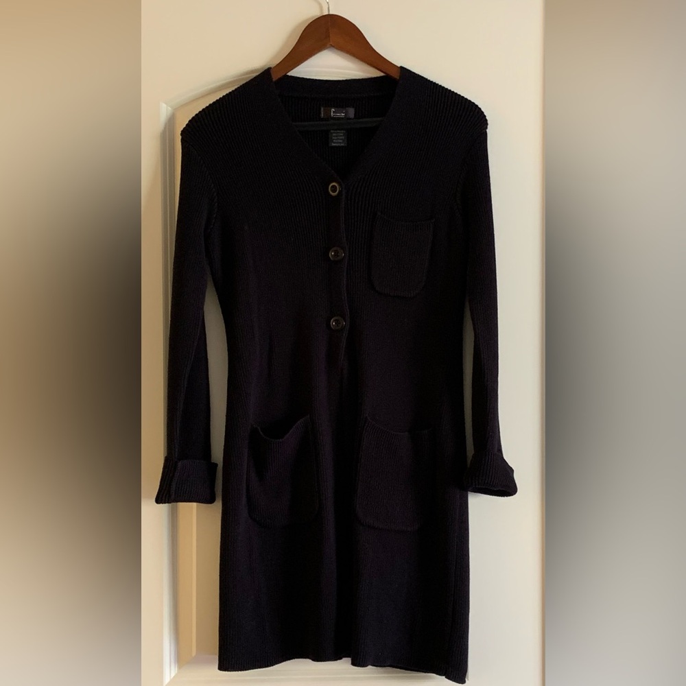 Vintage 3 button coat sweater with breast pocket and two other pockets.